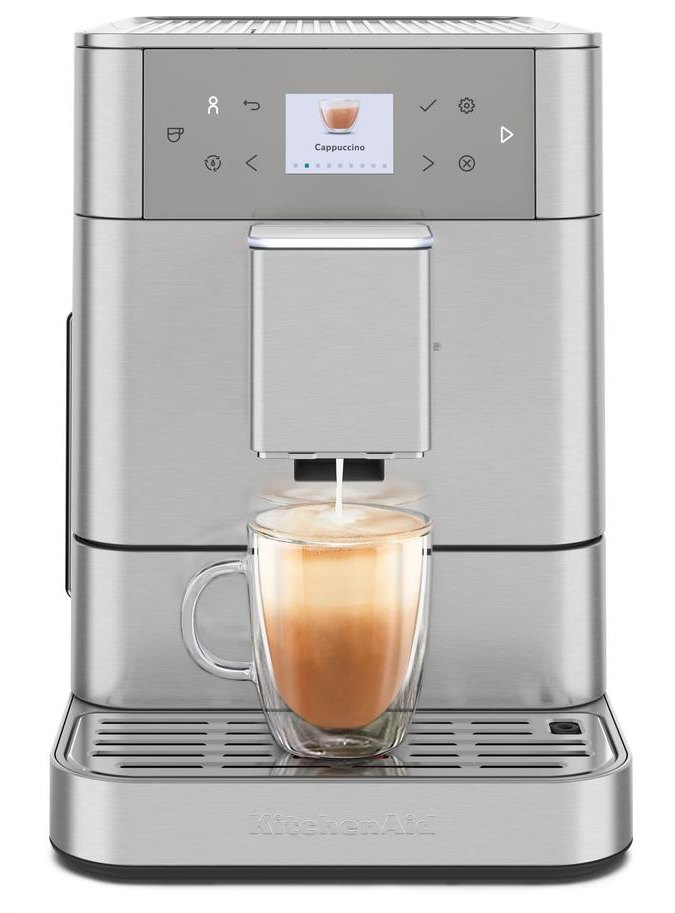 Cafetera express - KitchenAid 5KES8556ESX, 15 bar, 1450W, 2 Tazas, Pantalla a color de 6cm, Depósito 2.2L, Limpieza Automática, Acero inoxidable