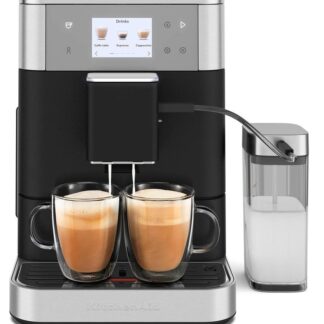 Cafetera express - KitchenAid 5KES8557EBK, 15 bar, 1450W, Depósito 2.2L, 2 Tazas, Espumador de Leche Automático, Plata/Negro