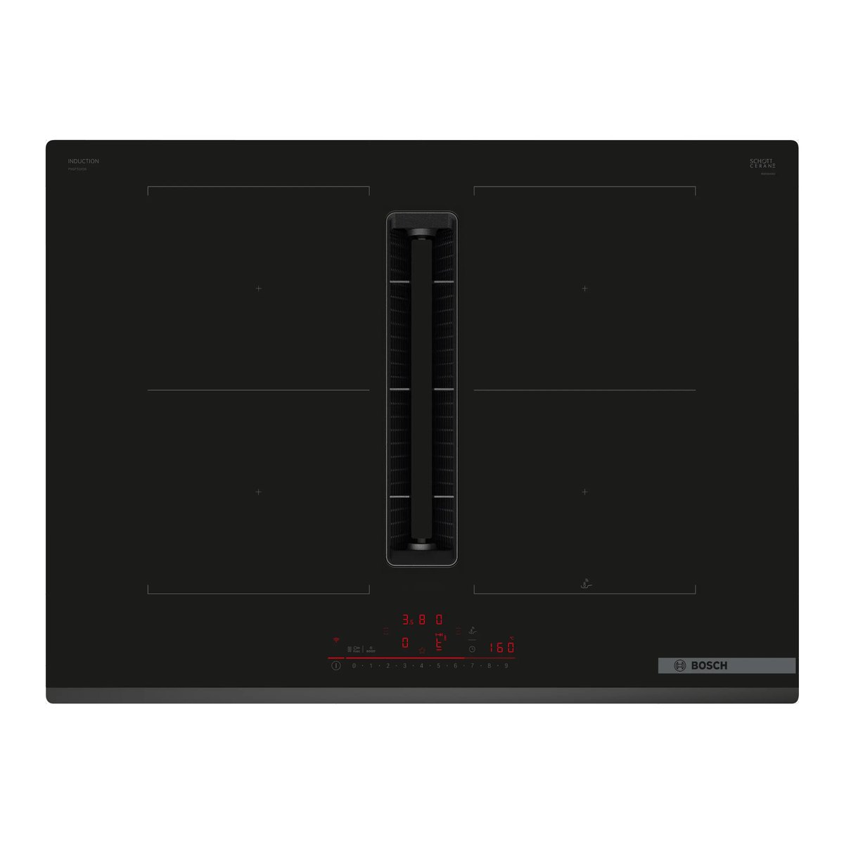 Placa inducción con extractor integrado - Bosch PVQ731H26E, Serie 6, 4 Zonas, 2 zonas Flex, 9, Función CombiInducción, PerfectFry Plus, 70 cm, Negro