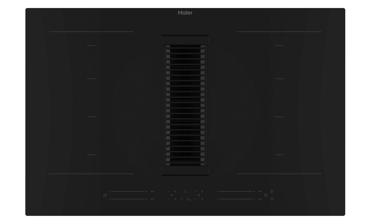 Placa inducción con extractor integrado - Haier HAIH82MTMCF, 4 Zonas Flex, 15 niveles de potencia en cocción + Booster, Negro