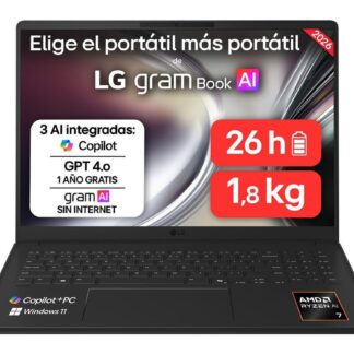 Portátil - LG Gram 16U55U-G.AU75BN, 16" WUXGA Copilot+ PC, AMD Ryzen™ AI 7 445 50 TOPS, 16GB RAM, 512 GB SSD, Windows 11 Home, Sin cargador